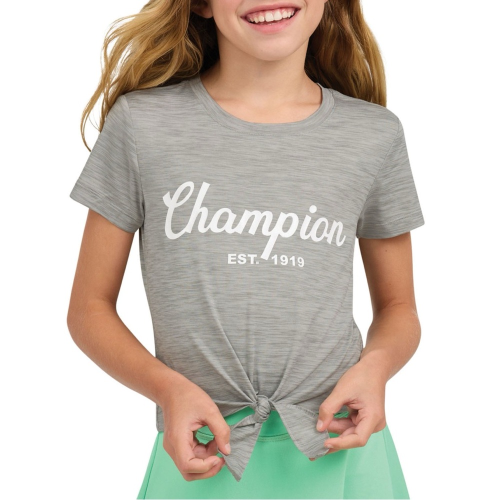 NWT, Champion, Girls’ Tie Front Active Tee with Glitter Logo, Size 10/12 (L)